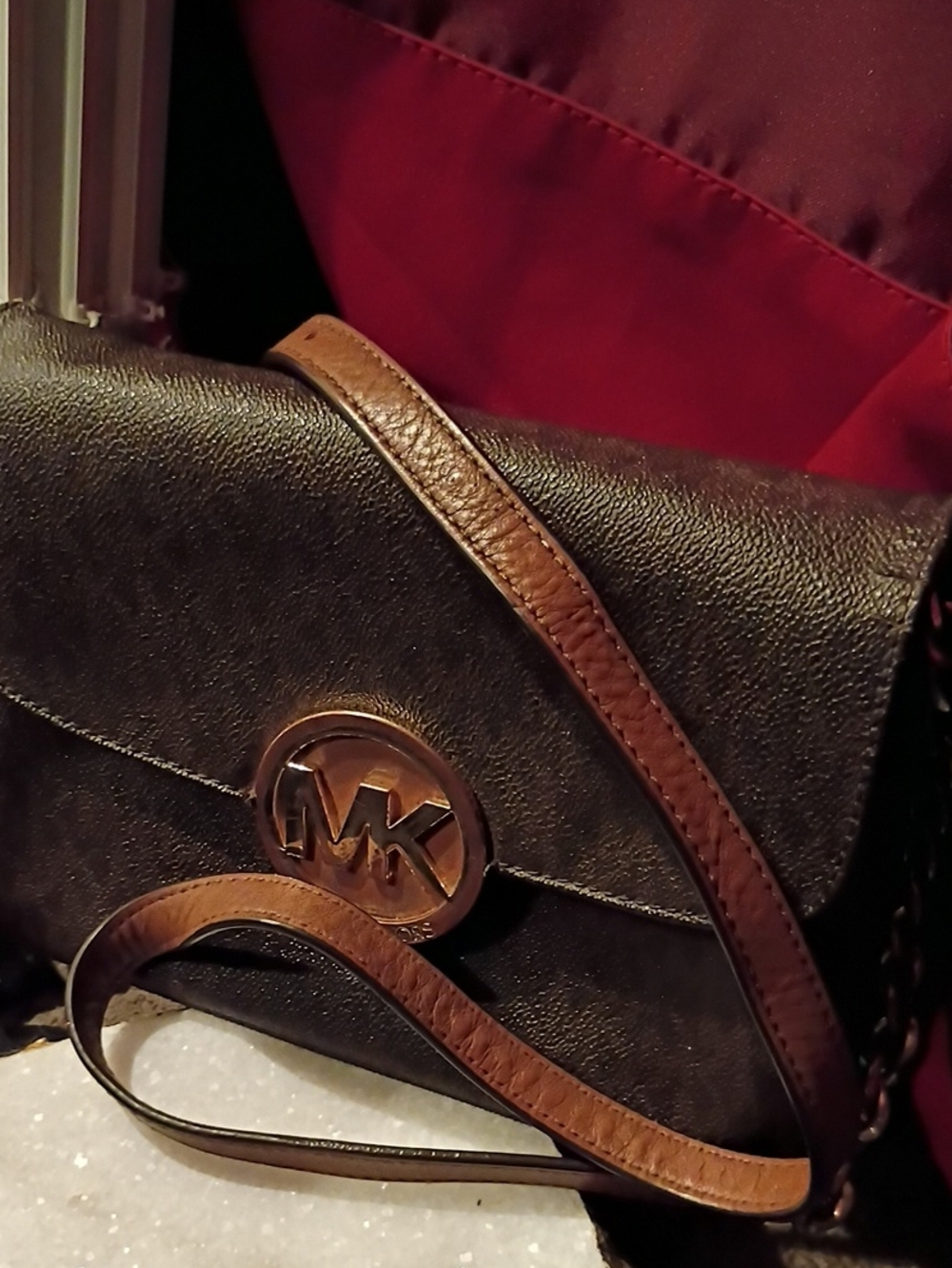 Michael Kors Black Leather Crossbody with Brown Trim and MK Logo